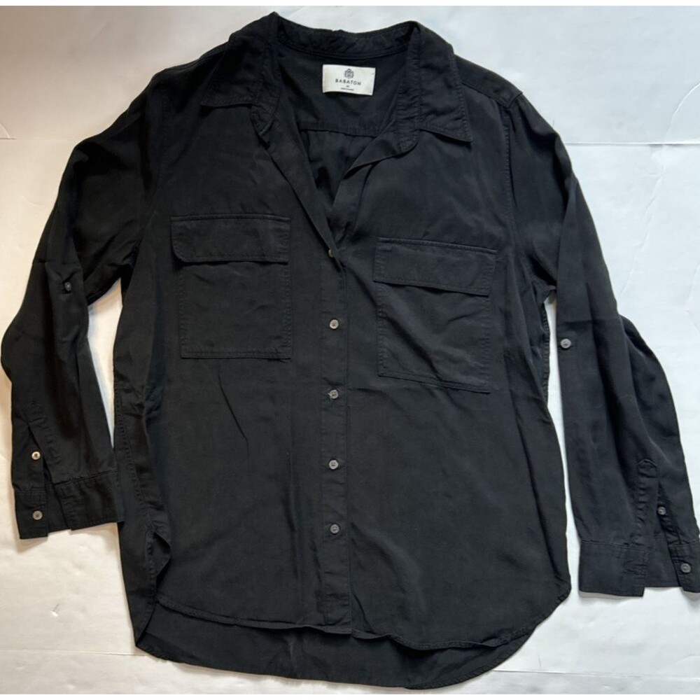 Aritzia Babaton Utility Shirt Size Medium Black Button Up Roll Tab Sleeves